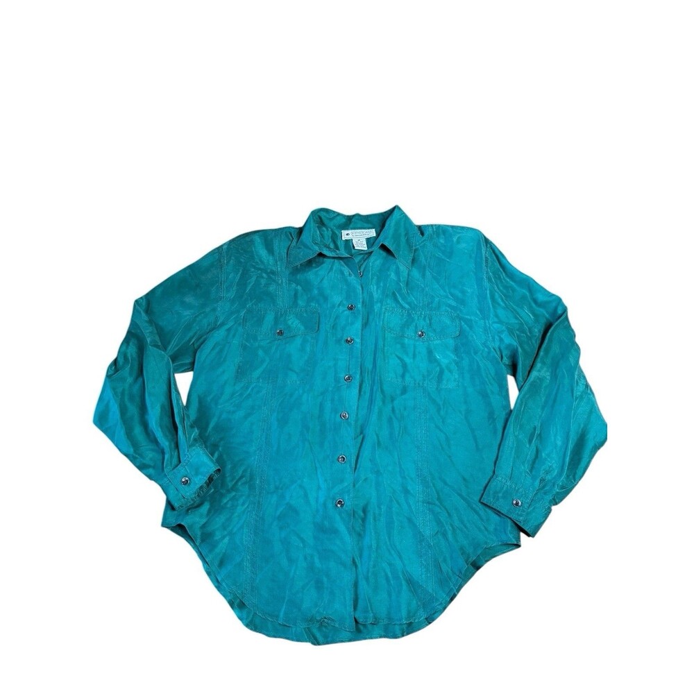 Vintage Sophisticates Silk Shirt Medium Green Button Up Long Sleeve Top Pads